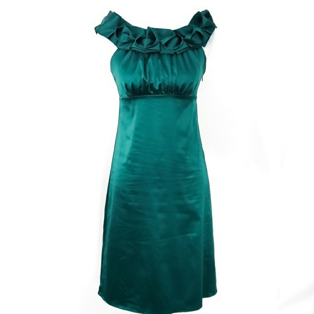 Emerald Green Satin Ruffle Neck Sleeveless Dress